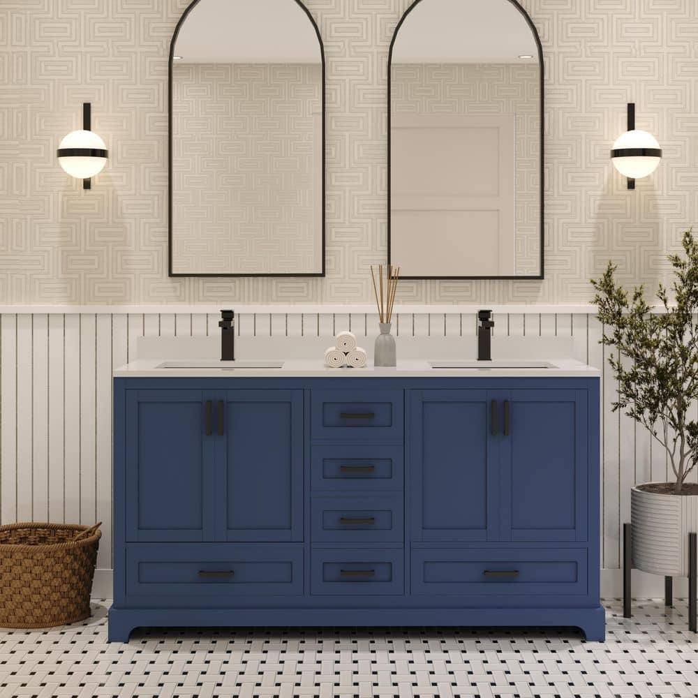 Maya 60 in. Double Sink Freestanding Navy Blue Bath Vanity with White Quartz Top price history on PriceWatchPro