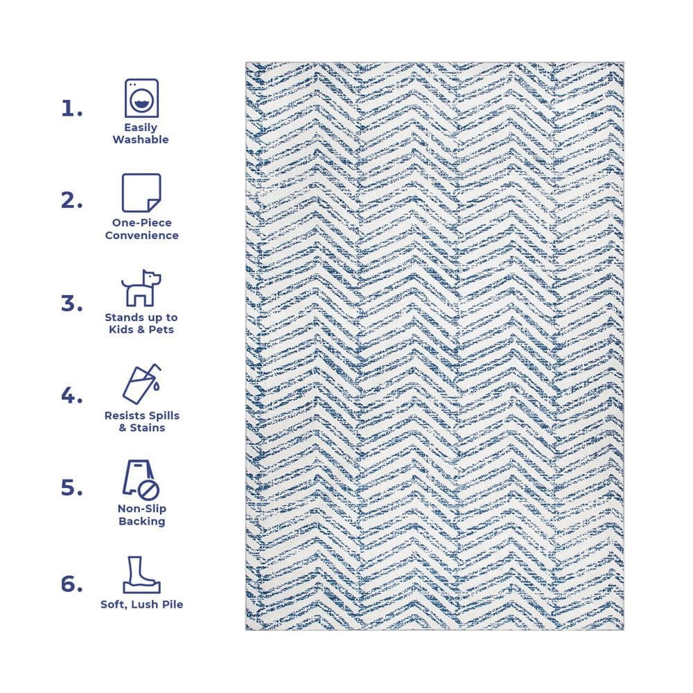 Blue Geometric Machine Washable Stain-Resistant Area Rug