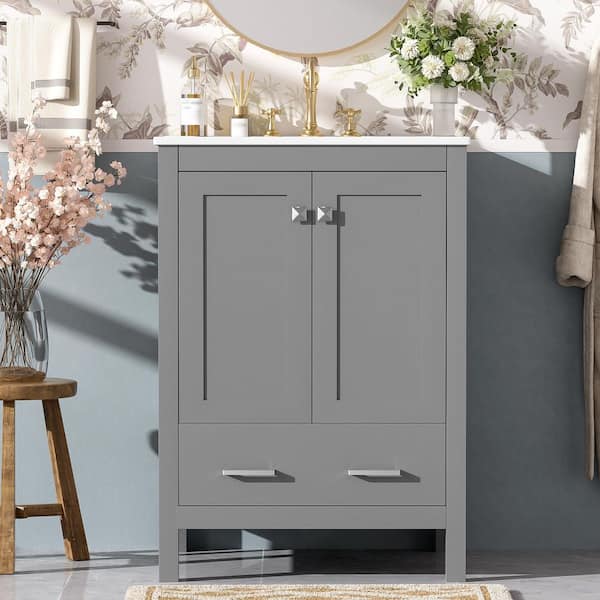 24 in. Single Sink Freestanding Gray Bath Vanity with White Ceramic Top, Divider Drawer, Door Racks