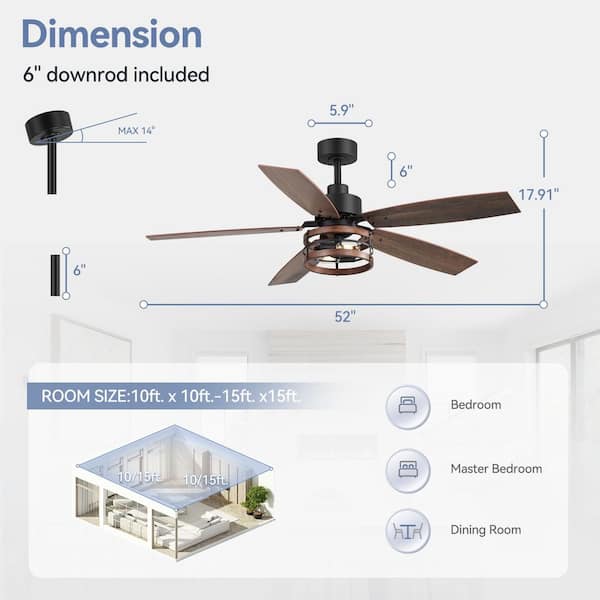 52 in. Black Indoor Downrod Mount Standard Ceiling Fan with Dark/Light Wood Grain Plywood Blades, Remote Included