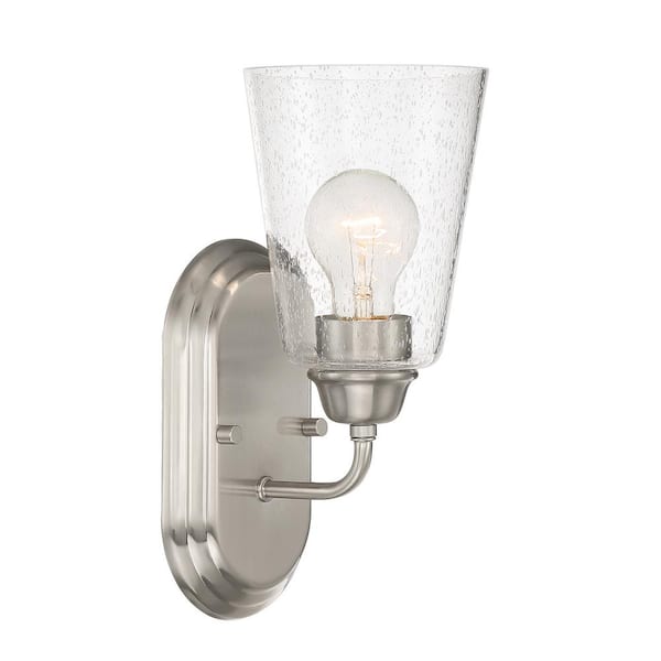 Designers Fountain Zane 5 in. 1-Light Brushed Nickel Industrial Wall Sconce with Clear Seedy Glass Shade