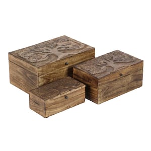 Handmade Floral Brown Wood Decorative Box with Hinged Lid 3-Pack