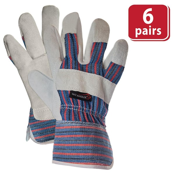 1-Size Fits Most, Leather, Economy Work Safety Gloves, 3 in Cuff, Blue, Heavy Duty, 6-Pack