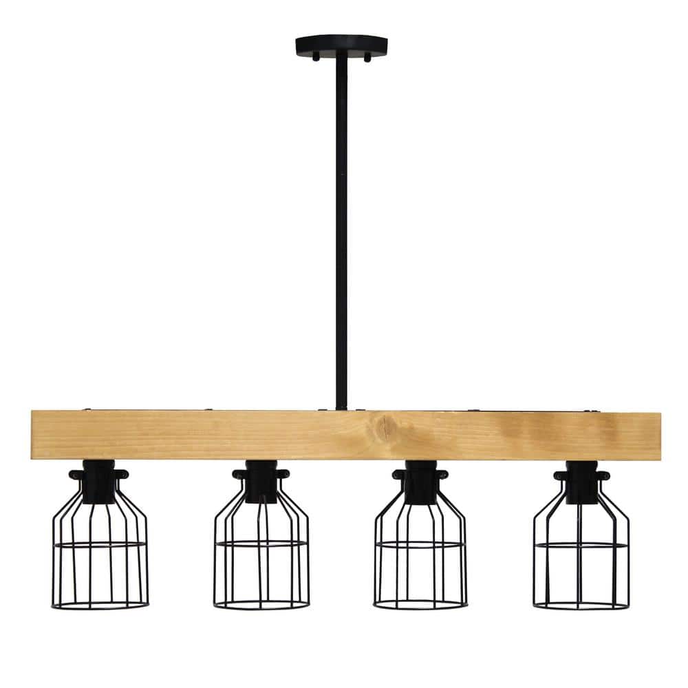 Rustic 4-Light Wooden Beam Farmhouse Pendant in Light Wood