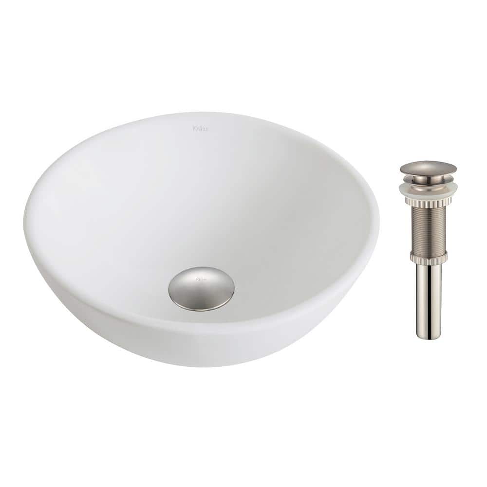 Elavo White Ceramic Round Vessel Sink with Brushed Nickel Drain