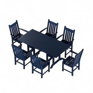 Hayes 7-Piece HDPE Plastic All Weather Outdoor Patio Trestle Table Dining Set with Armchairs in Navy Blue