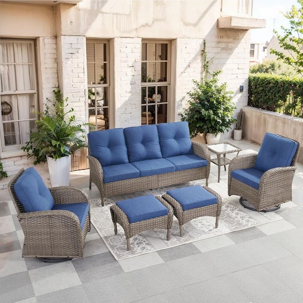 SleekArm 6-Piece Gray Wicker Patio Conversation Set with Olefin Blue Cushion and Outdoor Swivel Glider Chairs