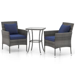 3 Pieces Wicker Patio Conversation Set with Navy Cushion