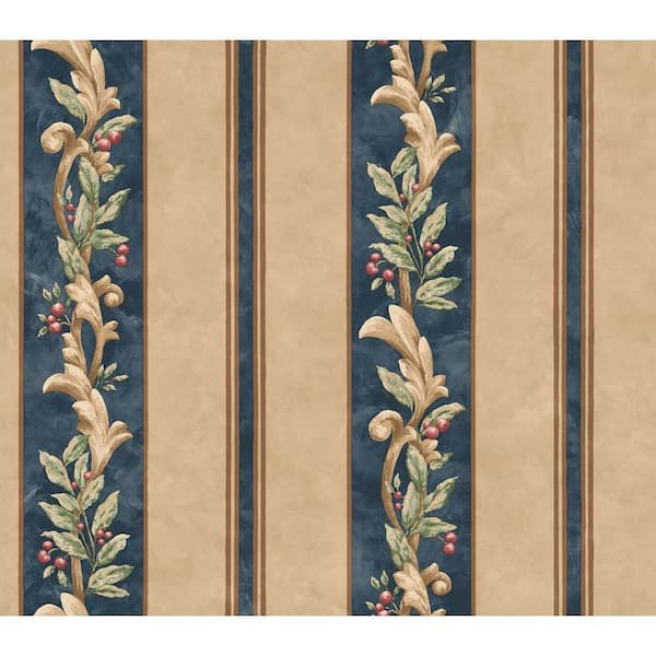 The Wallpaper Company 56 sq. ft. Blue and Beige Stripe with Fruit and Leaf Scroll Wallpaper