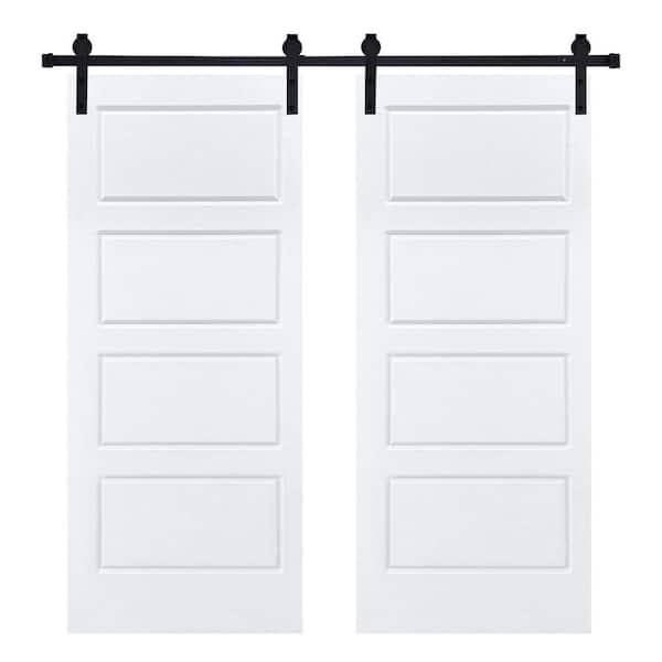 Double Modern 4-Panel 32 in. x 96 in. MDF White Barn Sliding Door with Hardware Kit