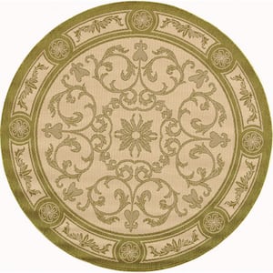 Courtyard Natural/Olive 5 ft. x 5 ft. Round Floral Indoor/Outdoor Patio  Area Rug