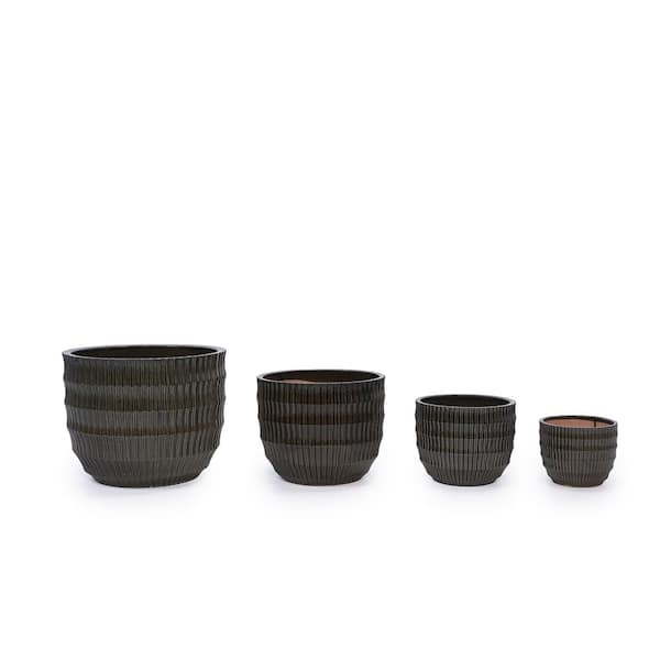 Set of 4 Modern Fluted Ceramic Planters-Glossy Dark Coffee Flowerpots with Drainage Hole for Indoor & Outdoor Decor