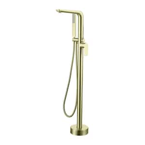 Single-Handle Freestanding Tub Faucet with Hand Shower Modern Single Hole Brass Floor Mount Tub Fillers in Brushed Gold