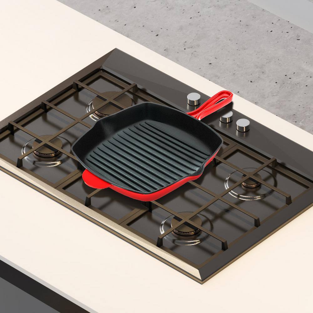 NutriChef 11" Red Cast Iron Skillet Grill Pan with Porcelain Enamel Coating