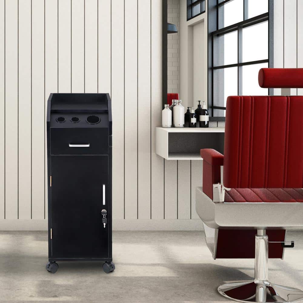 Black Wood Salon Trolley Storage Cart with Lockable Wheels