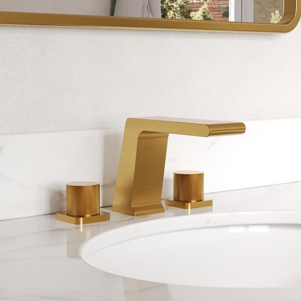 8 in. Widespread Double Handle Waterfall Bathroom Sink Faucet with Brass Valve and Pop-up Drain in Brushed Gold (1-Pack)