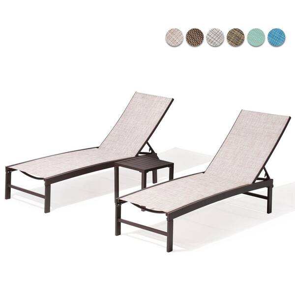 3-Piece Adjustable Aluminum Outdoor Chaise Lounge in Beige with Aluminum Table Set