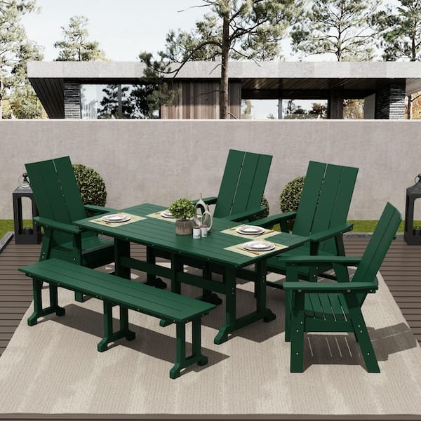 WESTIN OUTDOOR Shoreside Outdoor Patio Weather Resistant Dark Green 6-Piece HDPE Plastic Adirondack Dining Set with Bench