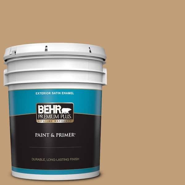 BEHR PREMIUM PLUS 5 gal. #300F-4 Almond Toast Satin Enamel Exterior Paint & Primer