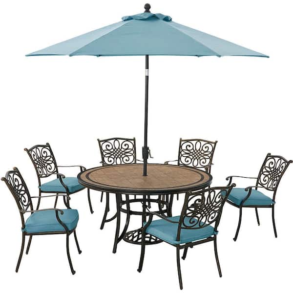 Hanover Monaco 7-Piece Aluminum Outdoor Dining Set with Blue Cushions, 6 Chairs, 60 in. Tile-Top Table and 9 ft. Umbrella