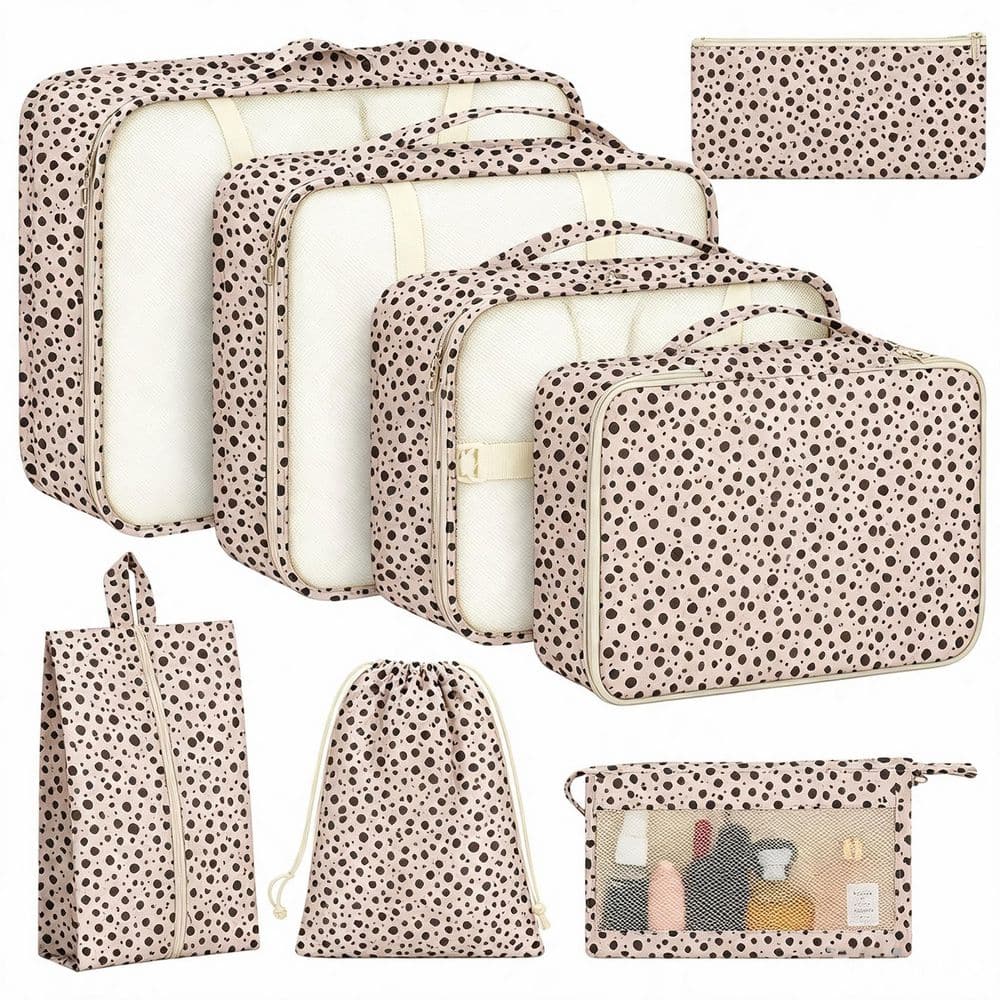 8-Set Packing Cubes for Suitcases, Travel Essentials Organization with Shoe & Cosmetics Bags, Clothing Storage, Leopard