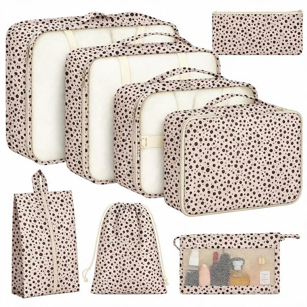 8-Set Packing Cubes for Suitcases, Travel Essentials Organization with Shoe & Cosmetics Bags, Clothing Storage, Leopard