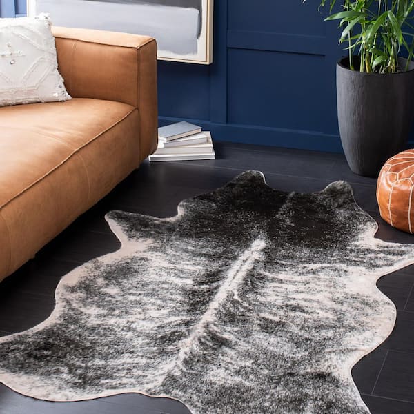 Faux Cow Hide 3 ft. x 5 ft. Beige/Black Flokati Marble Area Rug