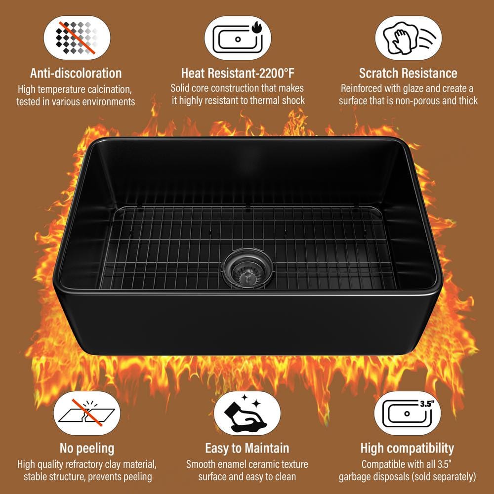 Matte Black Fireclay 30" Single Bowl Farmhouse Kitchen Sink