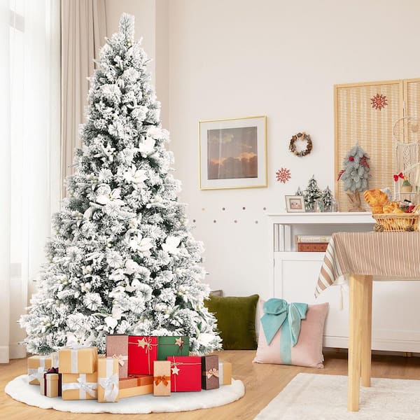 7 FT Snow Flocked Artificial Christmas Tree Hinged Xmas Tree w/Metal Stand