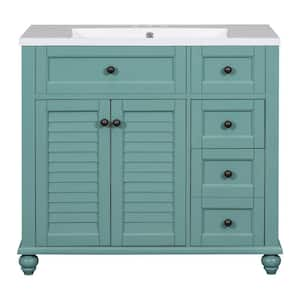 36 in. W x 18 in. D x 33 in. H Single Sink Bath Vanity in Blue-Green with White Resin Top, 2-Drawers, Soft Closing Doors