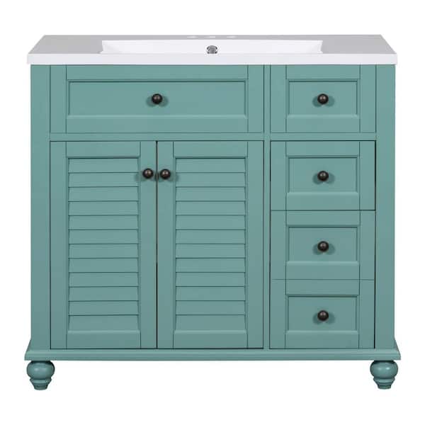 36 in. W x 18 in. D x 33 in. H Single Sink Bath Vanity in Blue-Green with White Resin Top, 2-Drawers, Soft Closing Doors