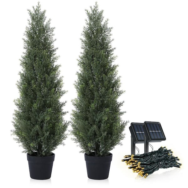 5 ft. Artificial Cedar Topiary Trees , Fake Cypress Plants with Solar Light String, Faux uv resistant Plants set of 2