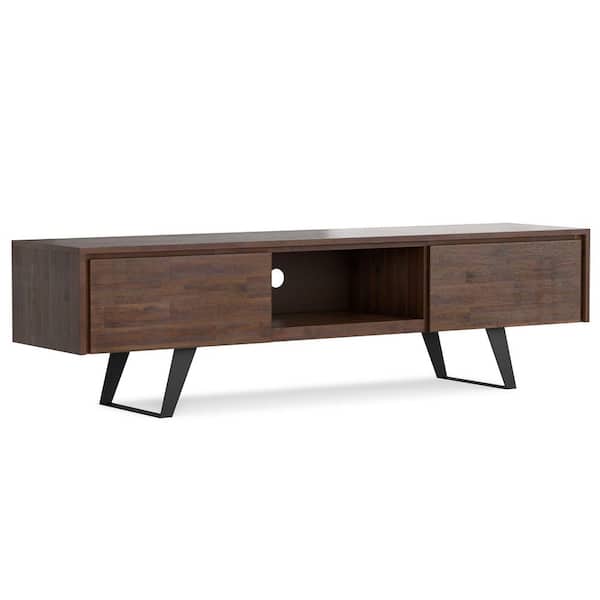 Lowry Solid Acacia Wood 72 in. Wide Modern Industrial TV Media Stand in Distressed Charcoal Brown For TVs up to 80 in.