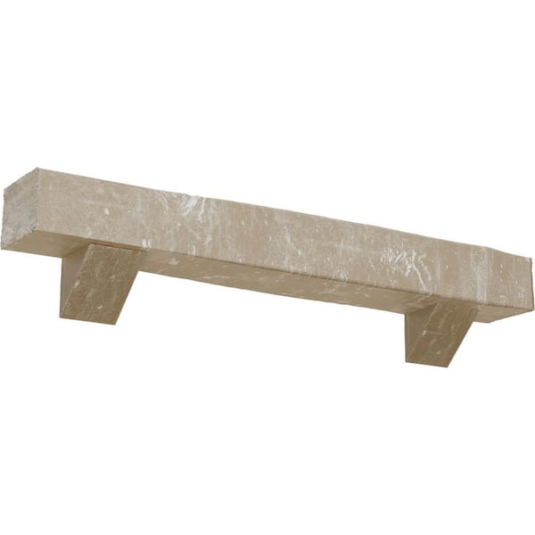 Ekena Millwork 4 in. x 4 in. x 3 ft. Knotty Pine Faux Wood Fireplace Mantel Kit, Breckinridge Corbels, Whitewashed