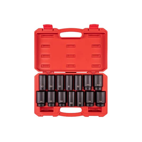 TEKTON 1/2 in. Drive Deep 6-Point and 12-Point Axle Nut Impact Socket Set with Case, 14-Piece (27-39 mm)
