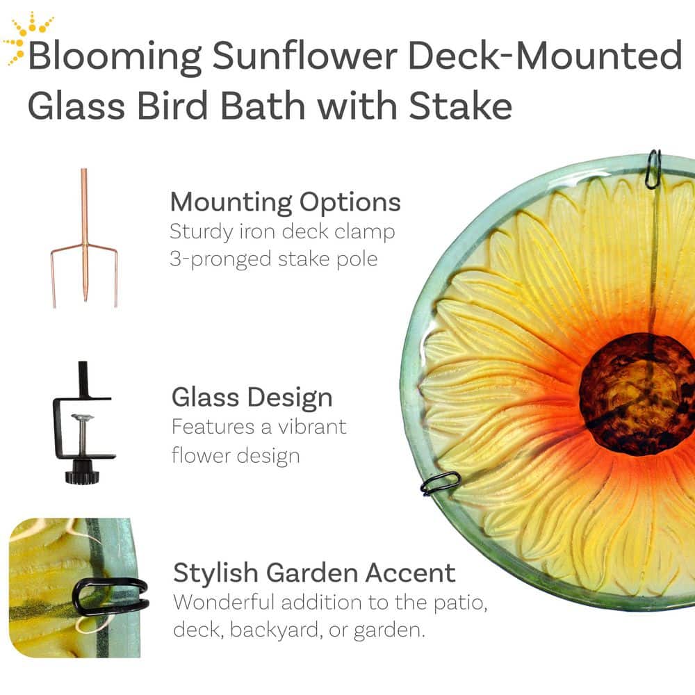 Blooming Sunflower Glass Bird Bath with Iron Stake and Clamp