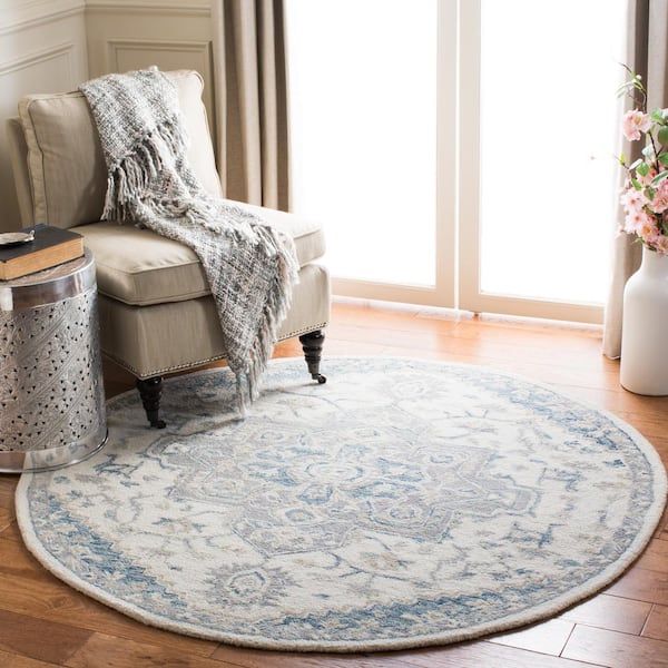 Micro-Loop Ivory/Navy 7 ft. x 7 ft. Floral Medallion Round Area Rug