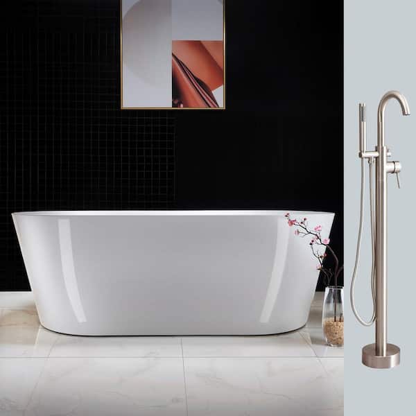 WOODBRIDGE Huesca 67 in. Acrylic FlatBottom Double Ended Bathtub in White with Tub Filler and Brushed Nickel Overflow and Drain