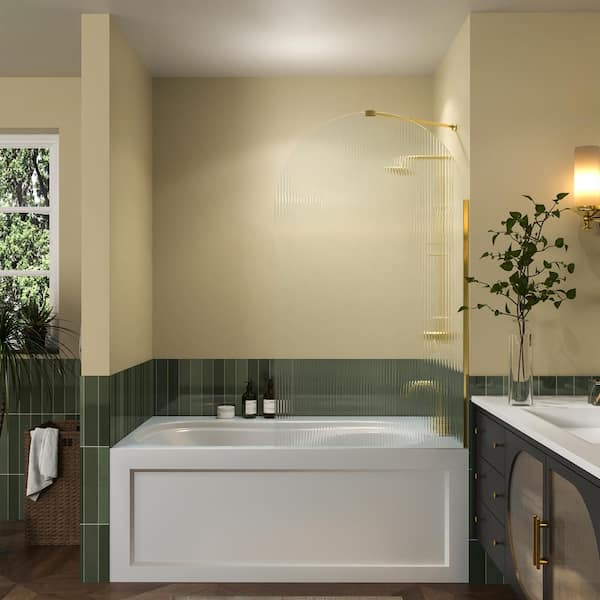 JimsMaison 33 in. W x 58 in. H Fixed Tub Door in Brushed Gold with Fluted Tempered Glass