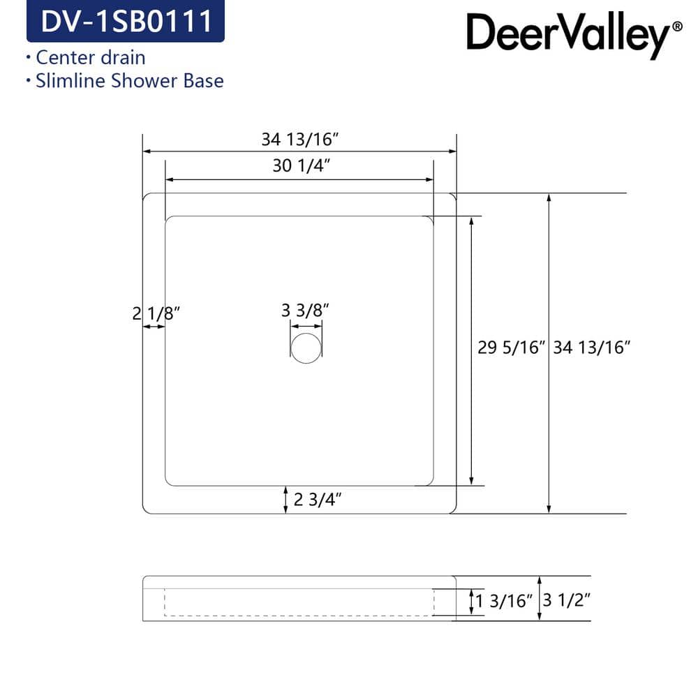 DeerValley 35" White Acrylic Square Shower Base with Center Drain