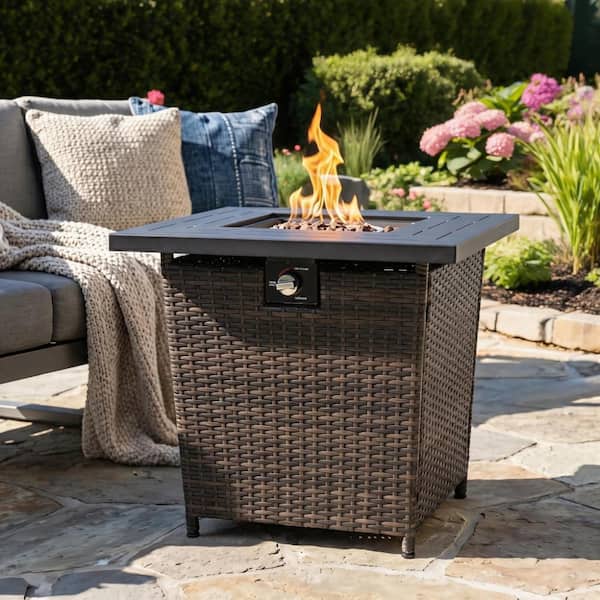 Brown 28 in. Wicker Propane Gas Outdoor Fire Pit Table, 50000 BTU Square Fire Pit with Removable Lid for Garden Deck