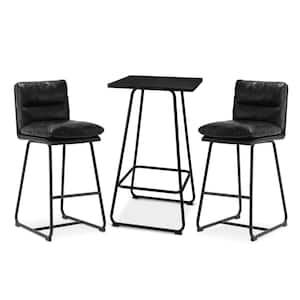 Pub Table Set -Modern Square Bar Table with Black Oak Veneer Top and Black Thick Leatherette Bar Stools (Set of 3 )