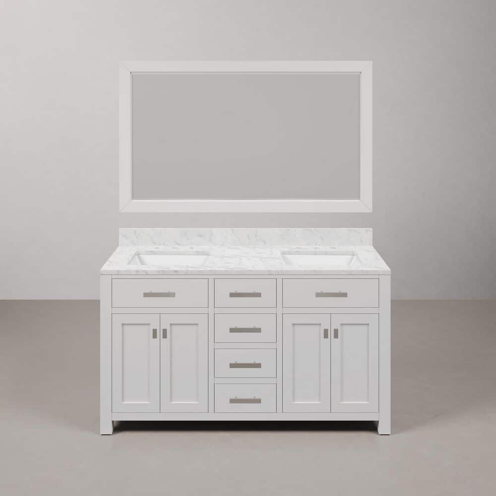 Madison 60" White Marble Double Sink Bathroom Vanity with Mirror
