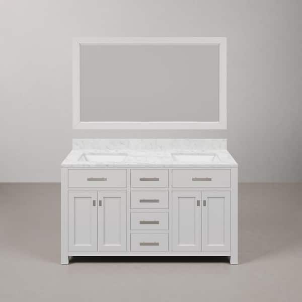 Water Creation Madison 60 in. W x 21.5 in. D x 34 in. H Double Sink Bath Vanity in Pure White with Carrara White Marble Top and Mirror