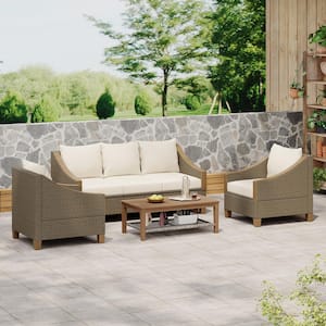 Brown Grey 4 Pieces Wicker Outdoor Sectional Set with Wooden Coffee Table and Beige Cushions Seating 5 People