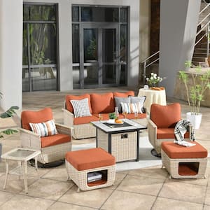 Sierra Beige 7-Piece Wicker Multi-Use Fire Pit Patio Conversation Sofa Set with Swivel Chairs and Orange Red Cushions