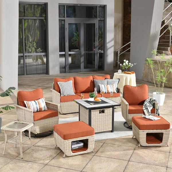 HOOOWOOO Sierra Beige 7-Piece Wicker Multi-Use Fire Pit Patio Conversation Sofa Set with Swivel Chairs and Orange Red Cushions