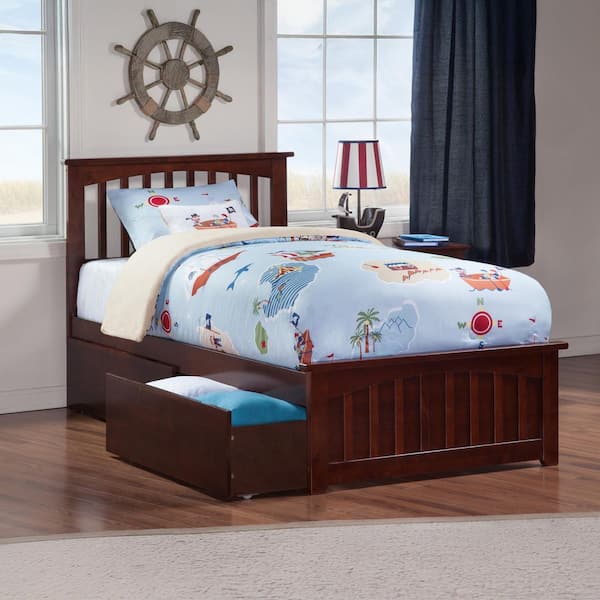 AFI Mission Walnut Twin Solid Wood Storage Platform Bed with Matching Foot Board with 2 Bed Drawers