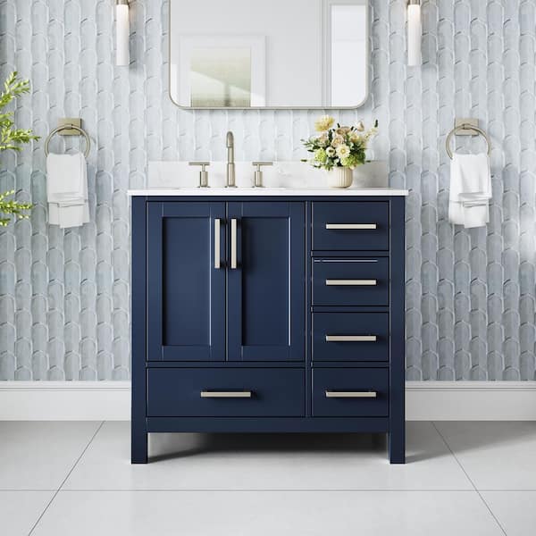 36 in. Freestanding Navy Blue Solid Wood Bath Vanity with Durable Carrara White Cultured Marble Top,Soft-Close,Assembled