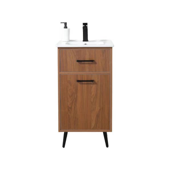 18 in. W Mini Freestanding Walnut Bath Vanity with White Ceramic Sink Top